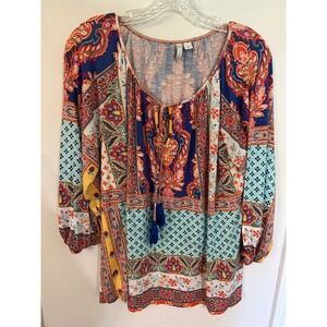 Cato Womens Medium Paisley Patchwork Tunic Top Blue Orange Tassel Tie Boho L/S